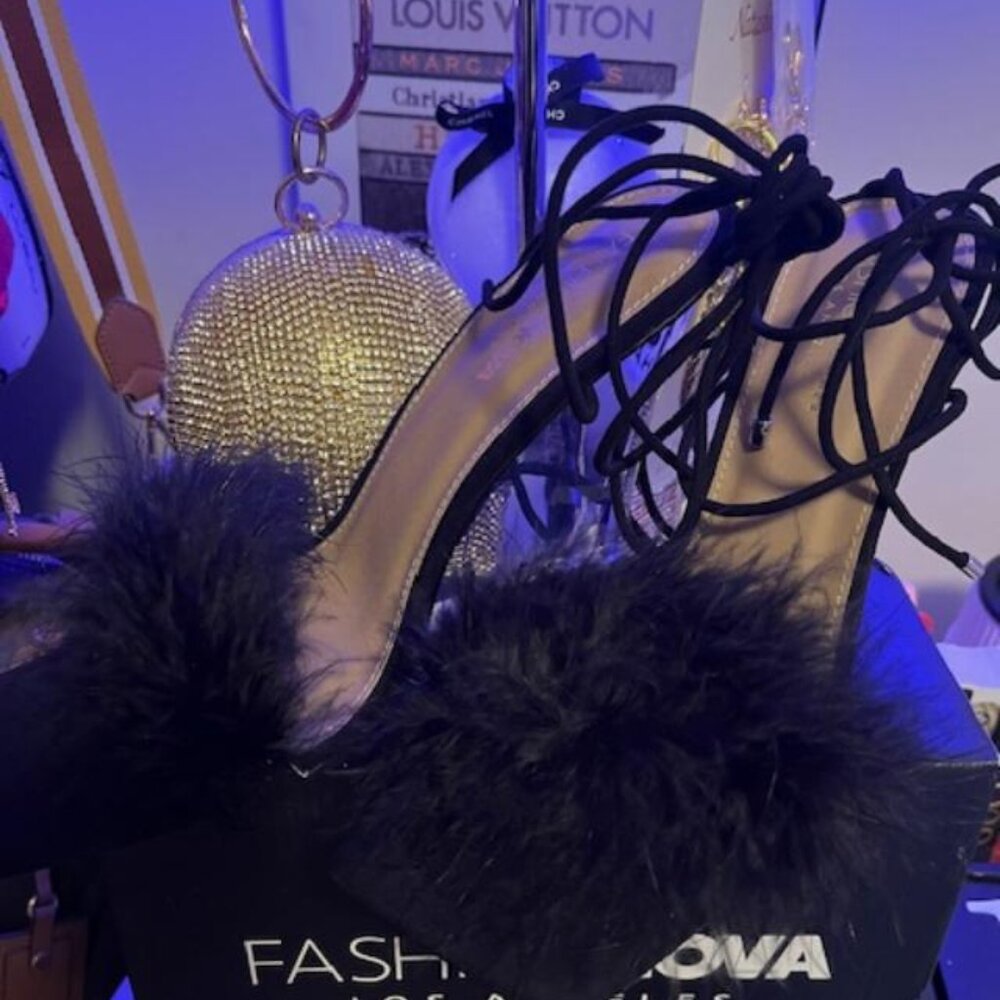 Fashion Nova Black Feather Lace-Up Stilettos